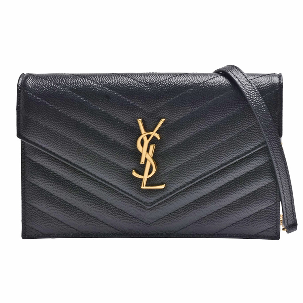 YSL 經典CASSANDRE系列粒面牛皮金屬LOGO金鍊信封斜背包(黑色)