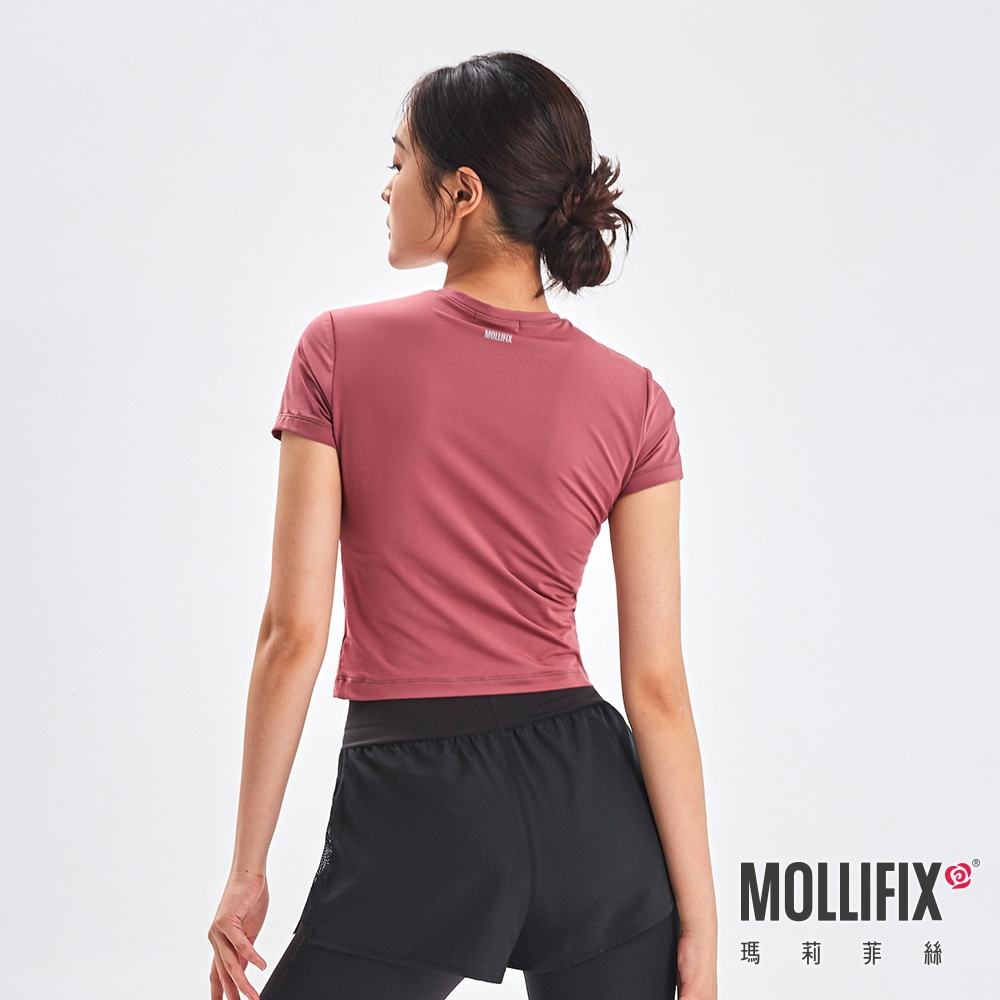 Mollifix 瑪莉菲絲 修身鏤空運動短袖BRA TOP (乾燥玫瑰)瑜珈服、無鋼圈、開運內衣