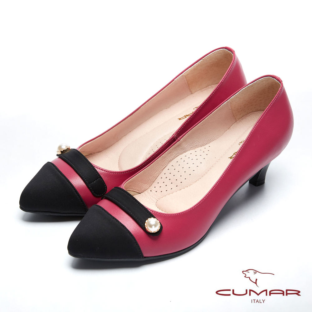 【CUMAR】復古典雅- 異材質拼接珍珠釦點綴尖頭高跟鞋