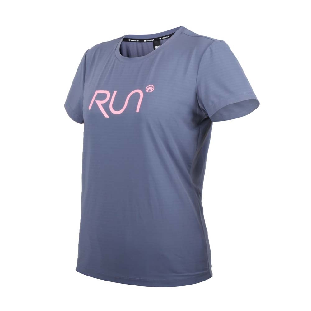 FIRESTAR 女彈性印花短袖T恤-慢跑 路跑 涼感 運動 上衣 反光 DL366-13 靛灰粉