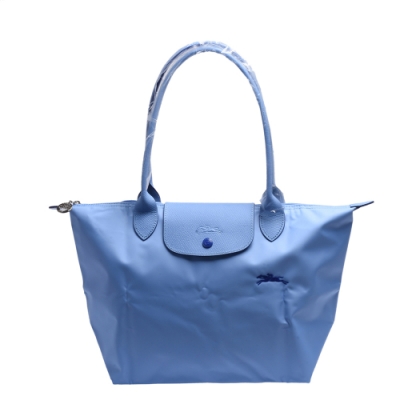 LONGCHAMP 經典LE PLIAGE刺繡摺疊暗釦/拉鍊長提把尼龍水餃包(大-藍色)