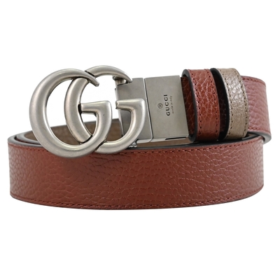 GUCCI GG Marmont 經典雙G皮帶釦荔枝壓紋窄版雙面皮帶(紅棕/咖)