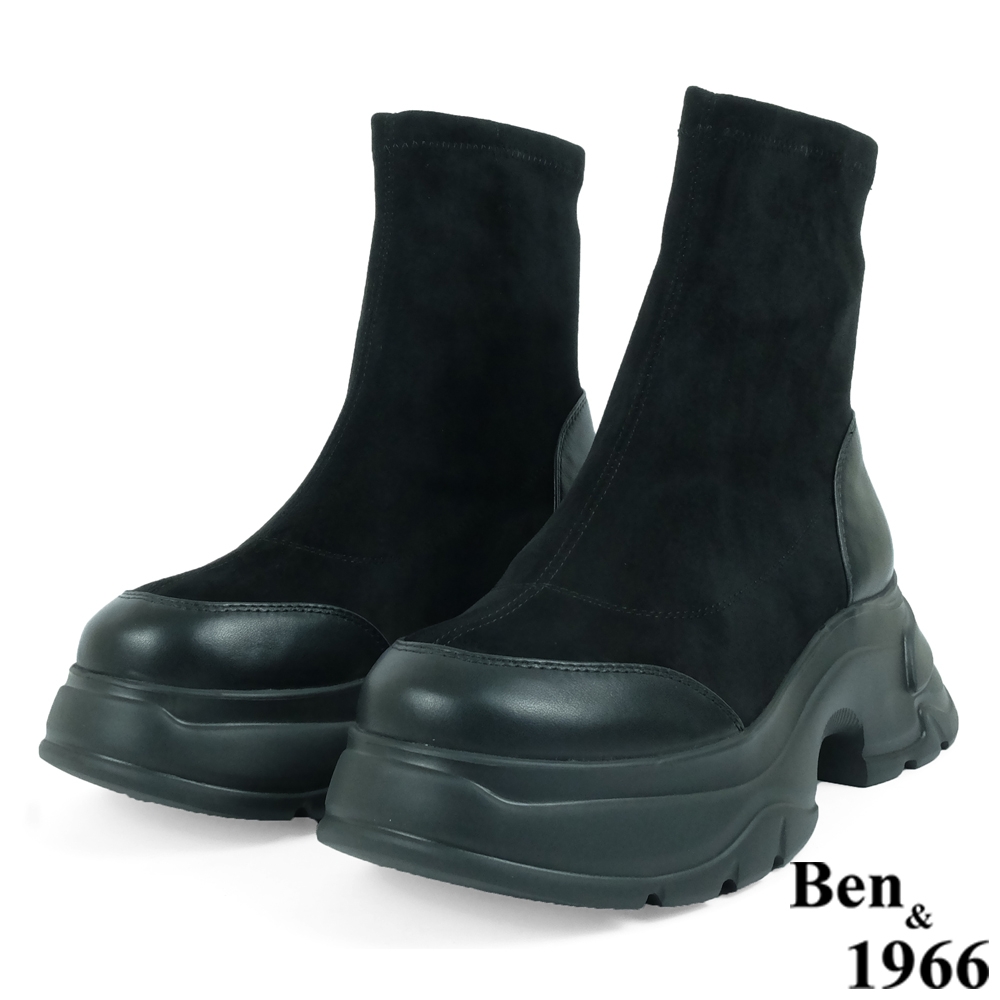 Ben&1966高級彈力布拼接牛皮運動風休閒短靴-黑(237081)