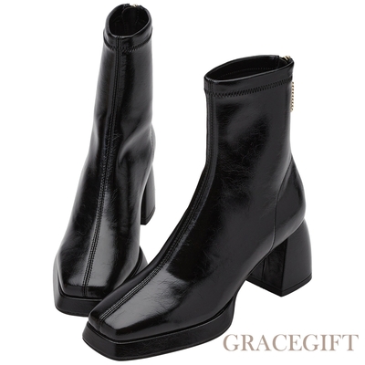 【Grace Gift】小貓聯名-法式優雅珍珠拉鏈防水台高跟短靴 黑
