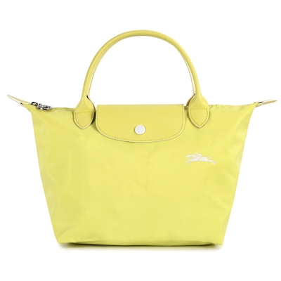 LONGCHAMP Le Pliage Club 經典刺繡LOGO短提把小型尼龍水餃包-螢光黃/白色