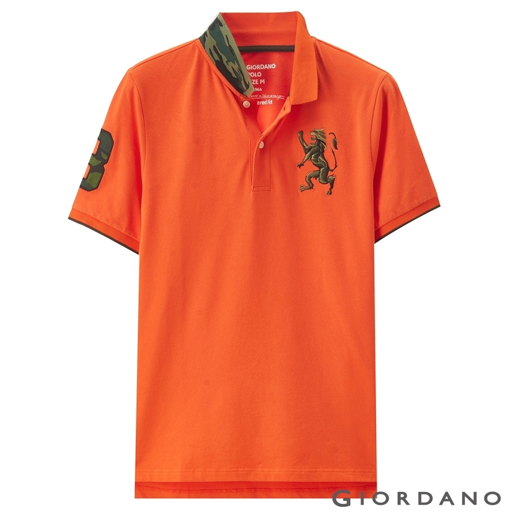 Giordano 男裝勝利獅王刺繡迷彩彈力萊卡polo衫 16 錦鯉橙色 Polo衫 Yahoo奇摩購物中心