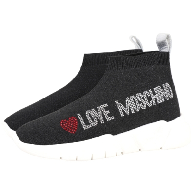 LOVE MOSCHINO 字母貼鑽彈性面料低筒襪套運動鞋(黑色)