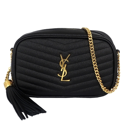 YSL MONOGRAM 黑色V型縫線珍珠紋牛皮金字拉鍊小型斜背包