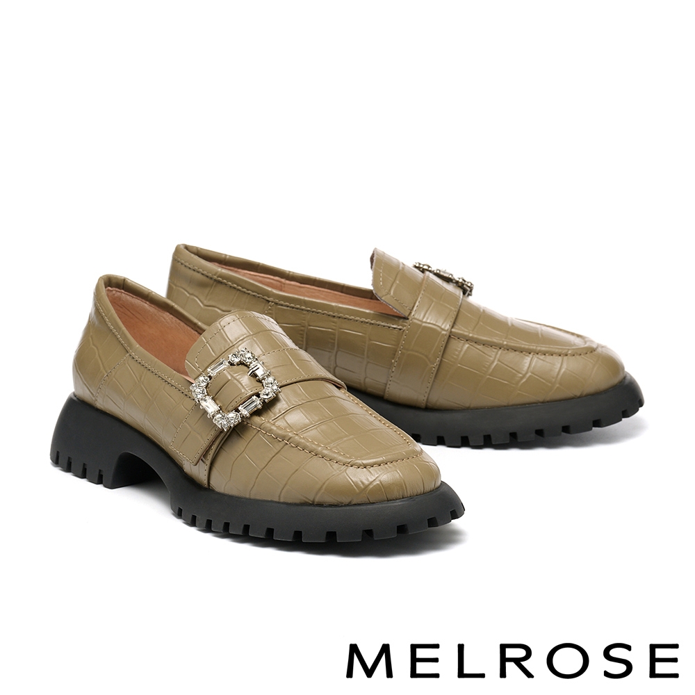 厚底鞋 MELROSE 美樂斯 時髦方鑽飾鱷魚紋牛皮樂福厚底鞋－綠