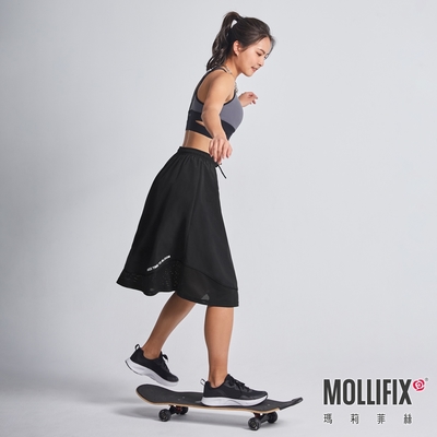 Mollifix 瑪莉菲絲 下擺拚網透氣優雅長裙 (黑) 暢貨出清、長裙、運動服、裙子