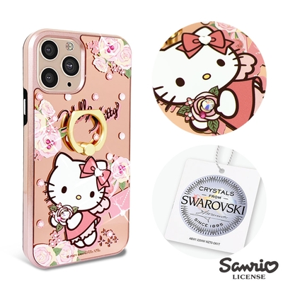 三麗鷗 Kitty iPhone 11 Pro Max 6.5吋施華彩鑽全包鏡面指環雙料手機殼-天使凱蒂