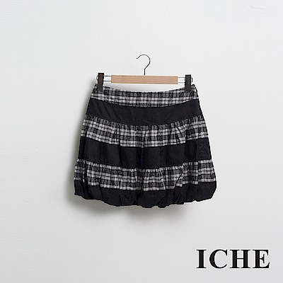 ICHE 衣哲 英式格紋印花空氣燈籠感造型短裙