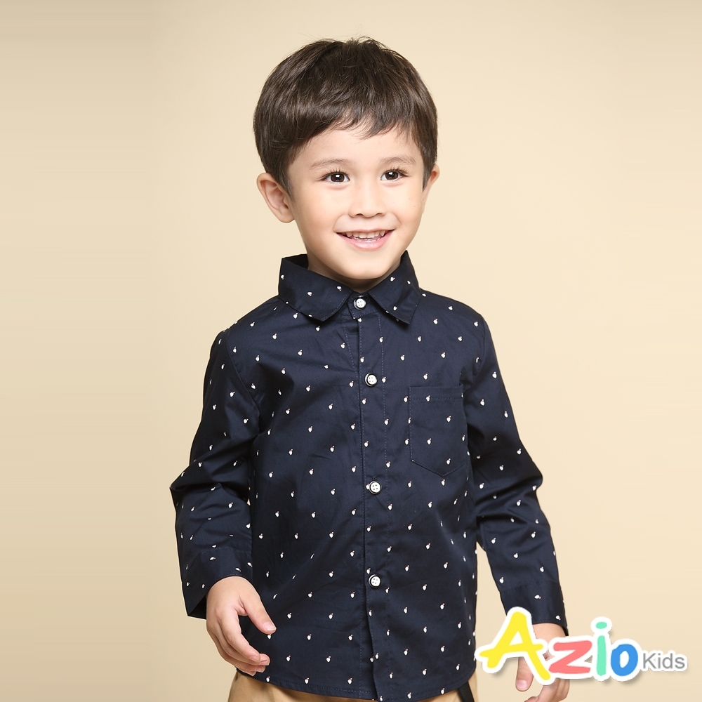 Azio Kids 男童 上衣 滿版聖誕老公公素色口袋長袖襯衫(藍)