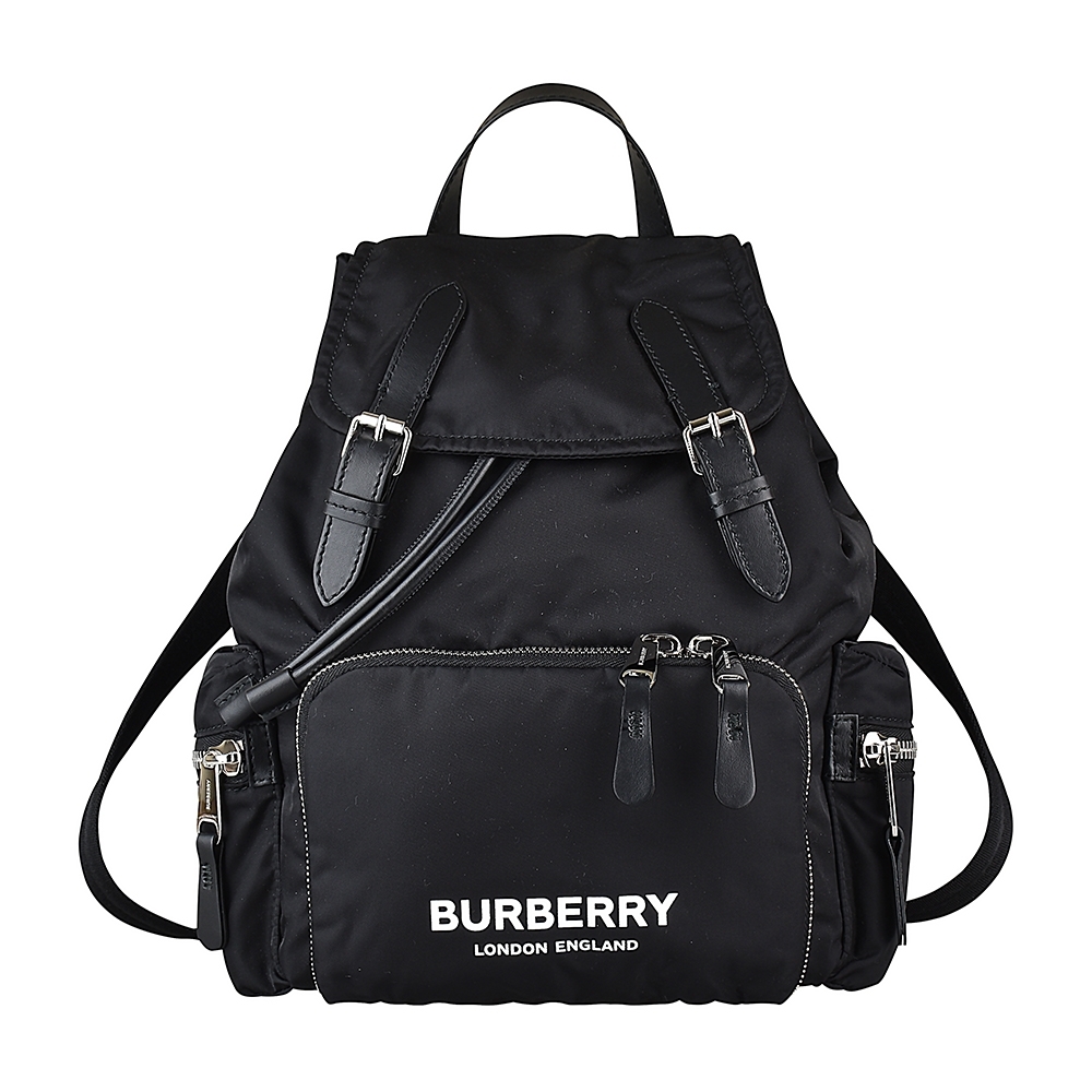 BURBERRY The Rucksack印花白字LOGO尼龍釦式束口後背軍旅包(中/黑)