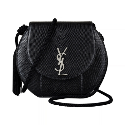 YSL SAINT LAURENT銀字LOGO流蘇設計牛皮扣式斜背包(黑)