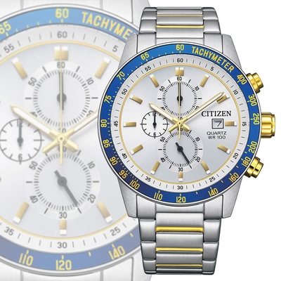 CITIZEN 星辰 Chronograph 碼錶計時 大錶徑不鏽鋼石英錶-白面44mm AN3686-53A