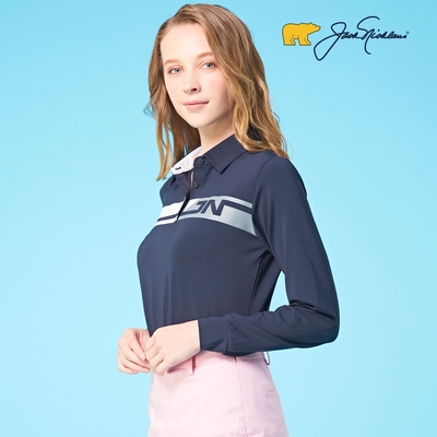 【Jack Nicklaus】金熊GOLF女款印花彈性吸濕排汗POLO衫-深藍色