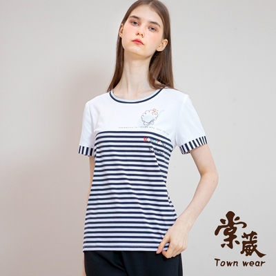 【TOWNWEAR棠葳】純棉印字撞色開衩上衣(中大尺碼/女上衣/女上著/拼接/鑽飾)