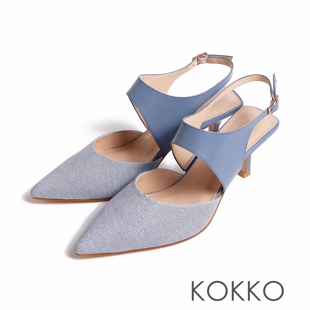 KOKKO約會款顯瘦感高包覆性鞋帶跟鞋牛仔壓紋淺藍色