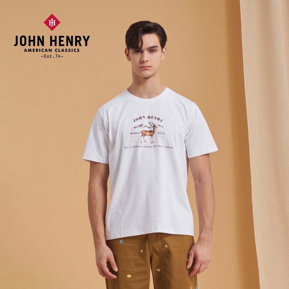 JOHN-HENRY-鹿印花短袖T恤-三色 (白色)