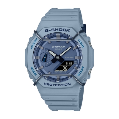 CASIO卡西歐 G-SHOCK 酷玩單色 金屬防撞保護器 個性灰藍 八角形錶殼 GA-2100PT-2A_45.4mm