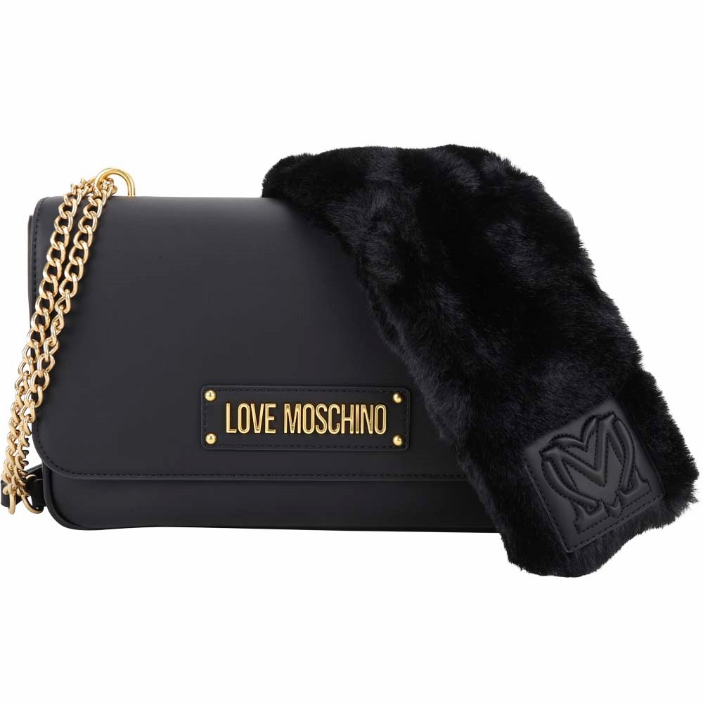 LOVE MOSCHINO 附可拆皮草圍巾皮革翻蓋肩背包(黑色)