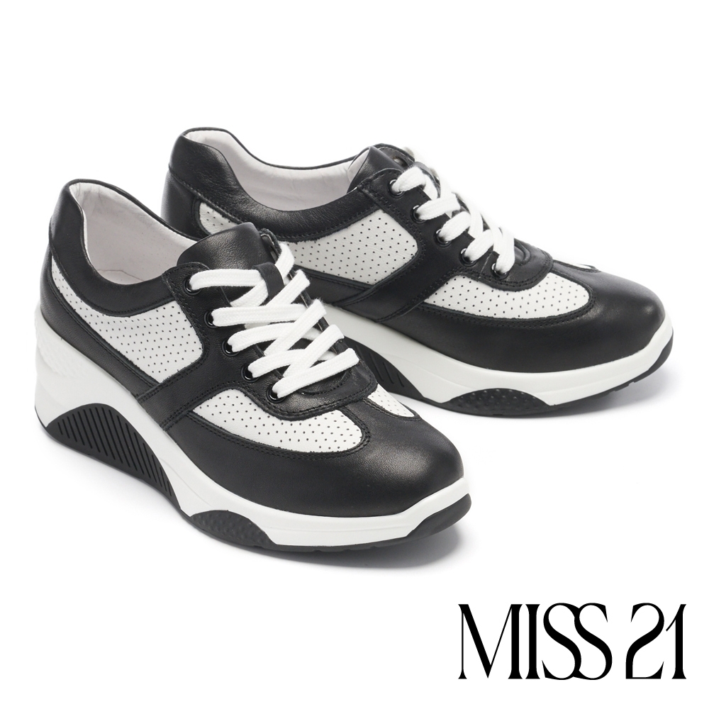 休閒鞋 MISS 21 簡約率性步調全真皮綁帶厚底休閒鞋－黑