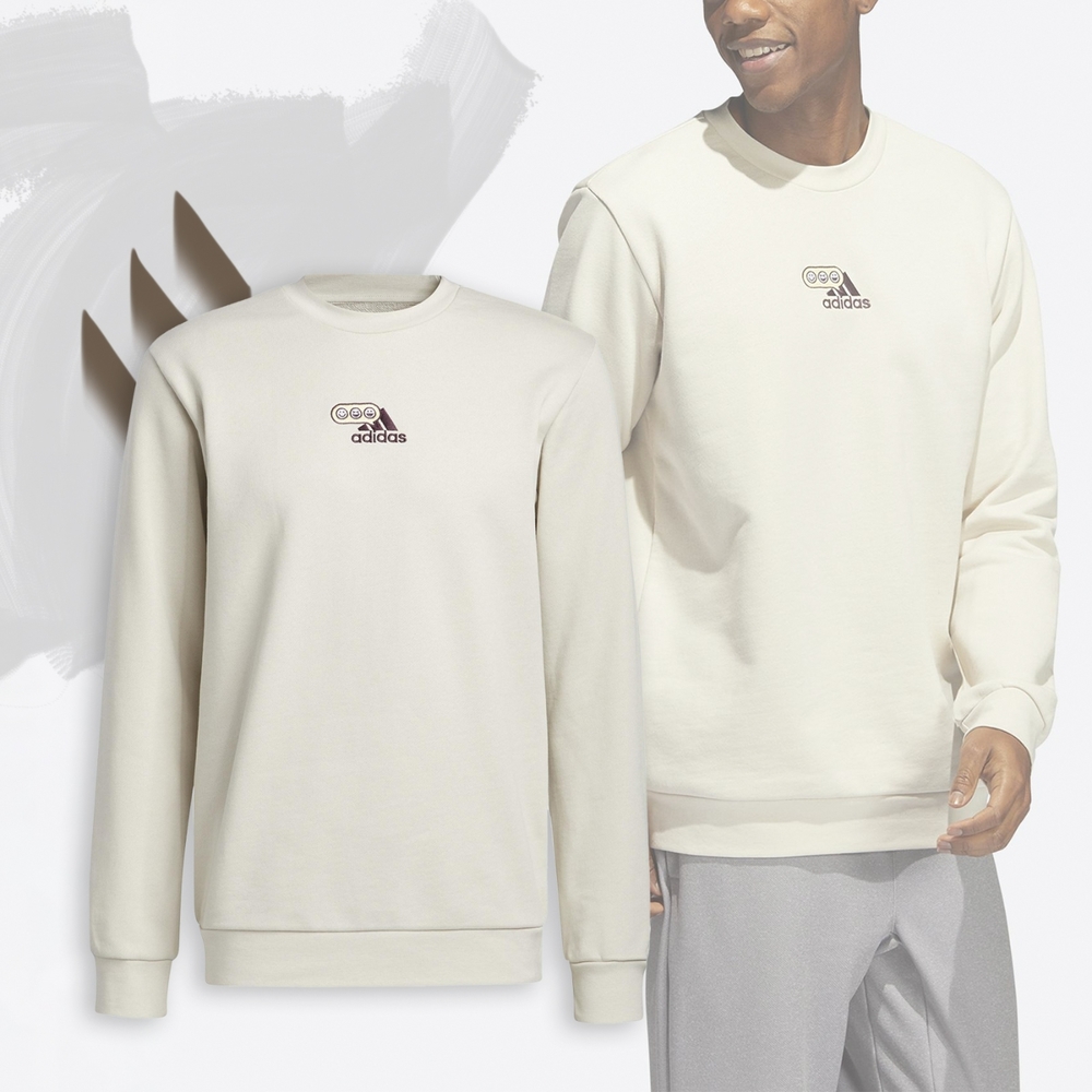 adidas 長袖上衣 Crew Sweatshirt 男款 奶油白 大學T 法國棉 三線 表情符號 愛迪達 HM2497