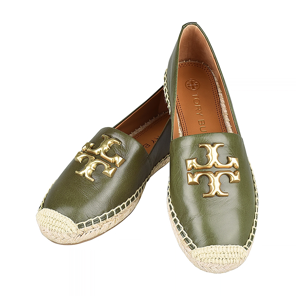 Tory Burch ELEANOR ESPADRILLE 金色雙T LOGO 山羊皮拼接草編織平底鞋(女款/橄欖綠)