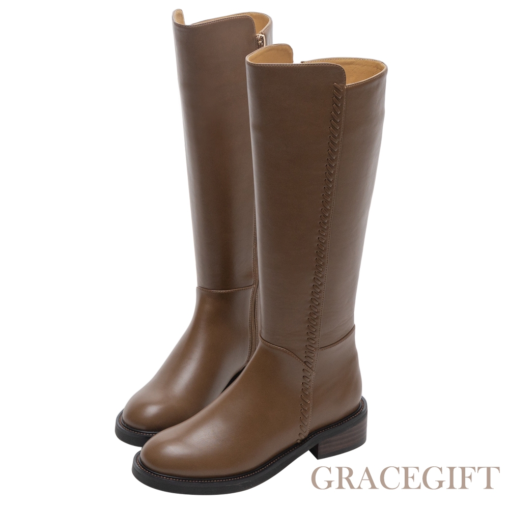 【Grace Gift】逸歡聯名-精緻小裁縫圓頭細節長靴 棕 product image 1