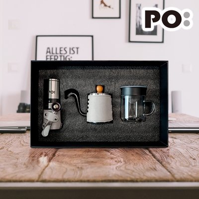【PO:Selected】丹麥手沖咖啡三件禮盒組2.0(咖啡壺-灰/玻璃杯240ml-天使藍/咖啡磨2.0)