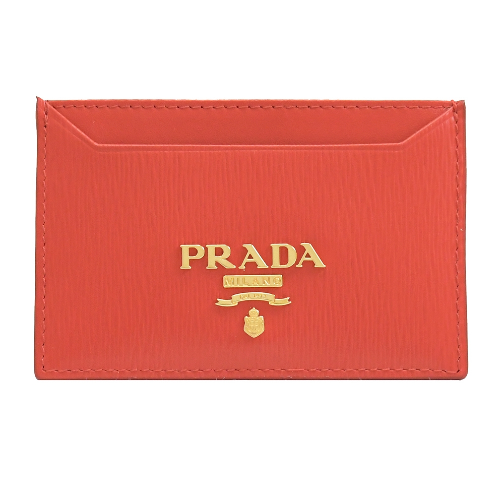 PRADA 金屬LOGO水波紋牛皮簡易卡片名片夾(紅)