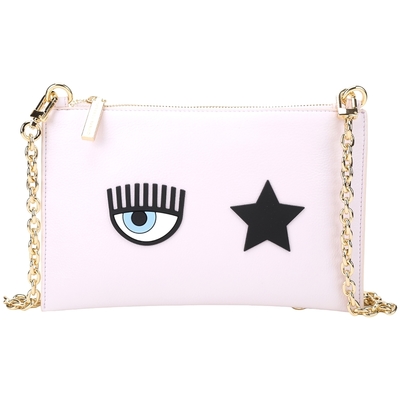 Chiara Ferragni Eye Star 矽膠眨眼星星油蠟皮革鍊帶手拿包/斜背包(淡粉色)