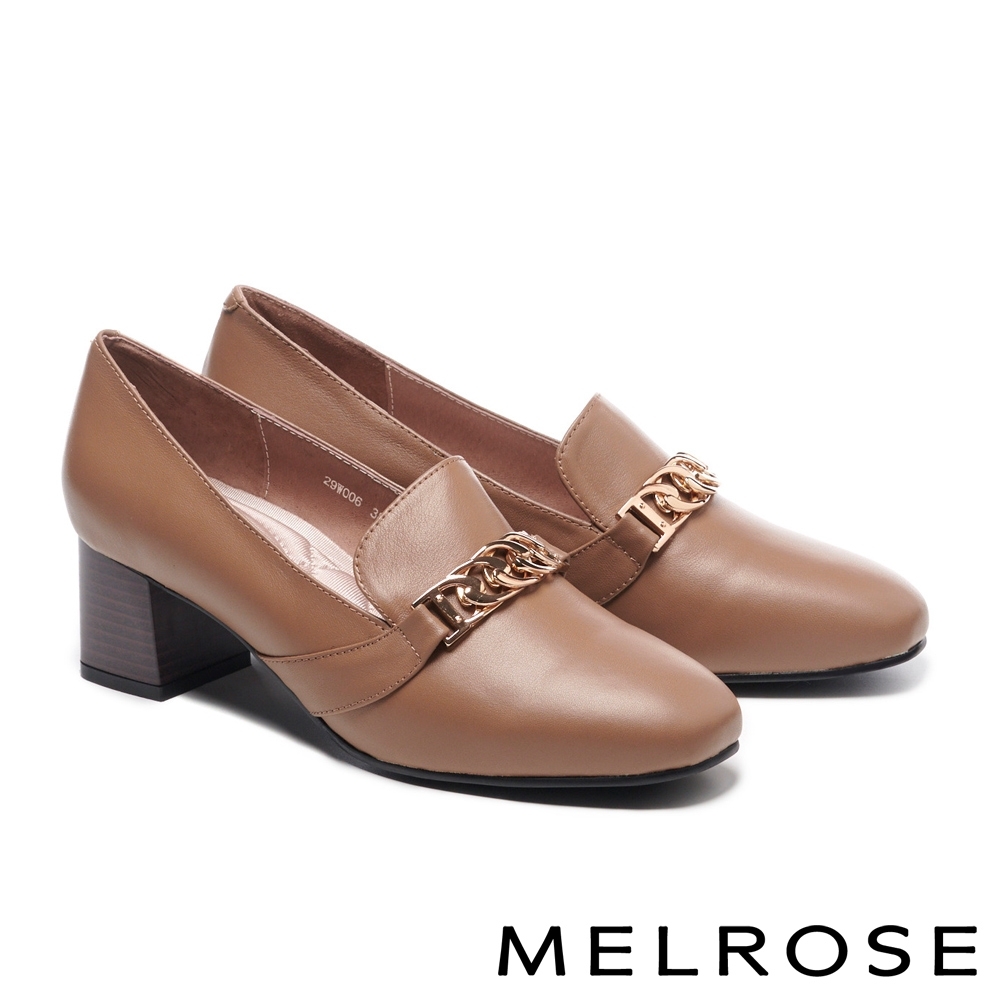 高跟鞋 MELROSE 簡約時尚金屬鏈飾牛皮粗高跟鞋－米
