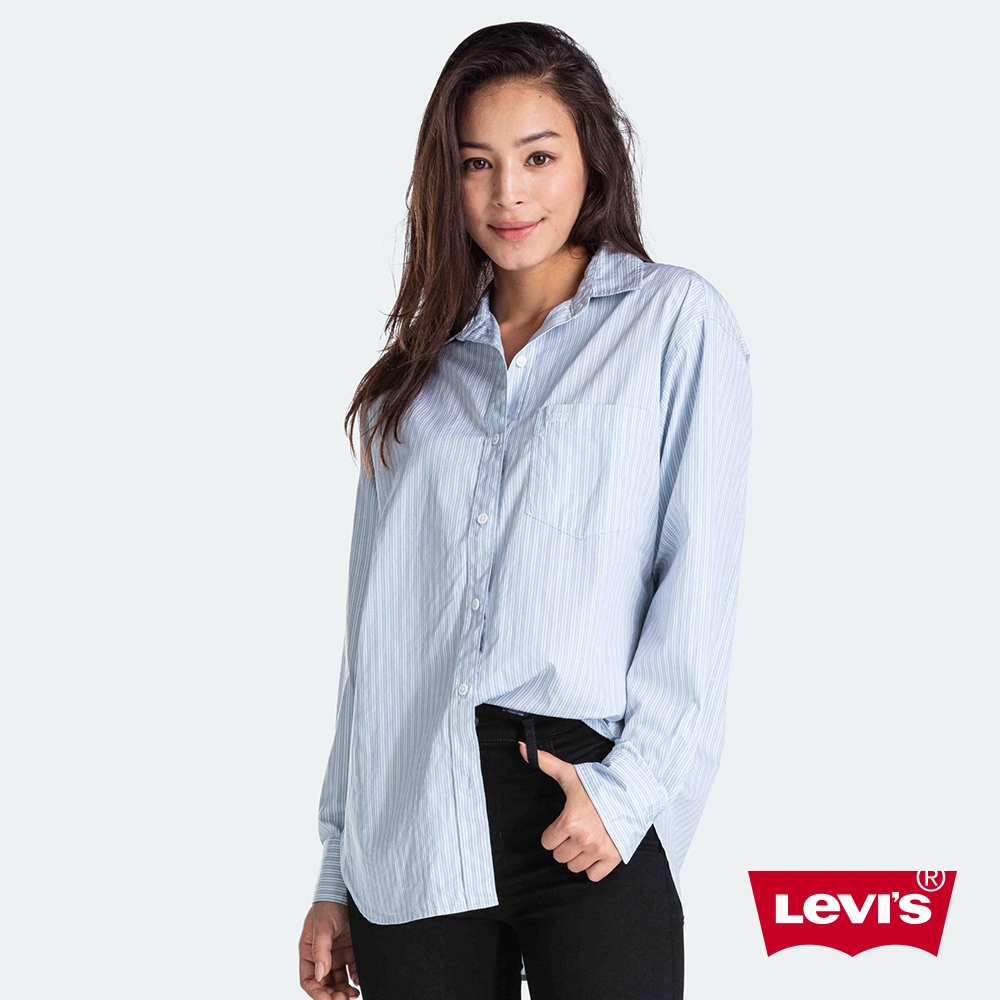 Levis 女款 細條紋長袖襯衫 Oversize寬鬆版型 迷你刺繡Logo 單口袋