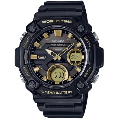 CASIO 卡西歐 10年電力 冒險精神 計時雙顯錶 送禮推薦-黑x金 AEQ-120W-9AV