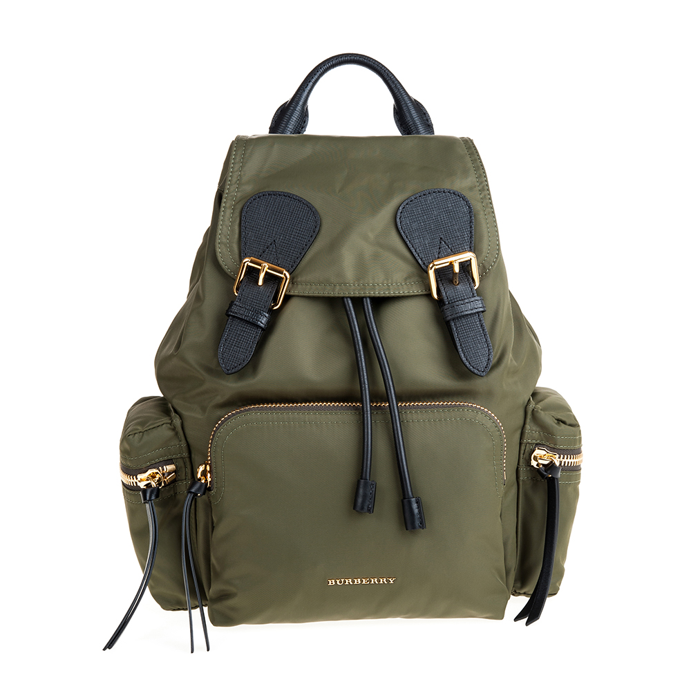 BURBERRY The Rucksack 科技尼龍皮革中型金鍊軍旅後背包(軍綠)