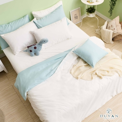 DUYAN竹漾 舒柔棉-雙人床包被套四件組-優雅白床包+白綠被套 台灣製