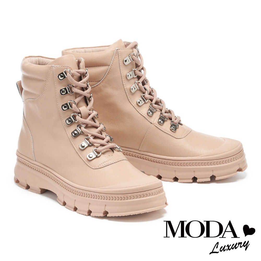 短靴 MODA Luxury 極簡個性登山風綁帶厚底短靴－米