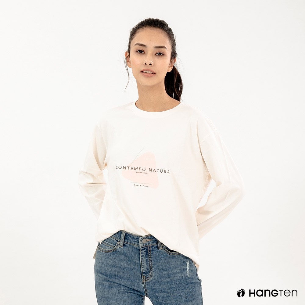 Hang Ten-女裝-簡約標語印花長袖T恤-米白