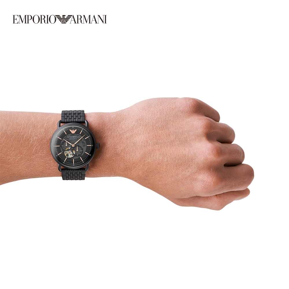 Emporio Armani Aviator 飛行者鏤空機械手錶黑色不鏽鋼錶帶43MM