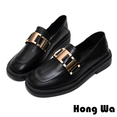 Hong Wa 時尚設計‧質感牛紋皮飾扣厚底樂福鞋 - 黑