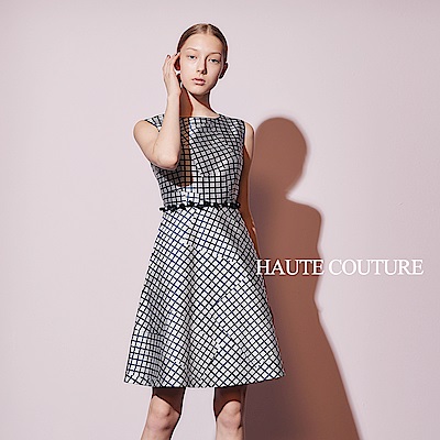 Haute Couture 高定系 精緻方格印花光澤感造型禮服洋裝-藏藍