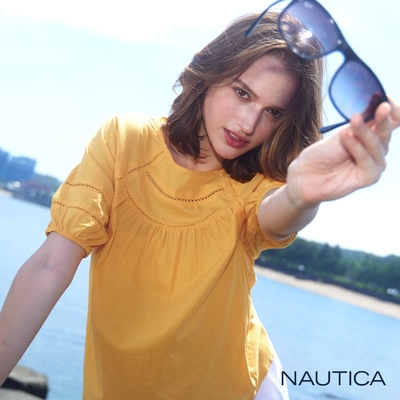 Nautica女裝 典雅澎袖簍空菱紋上衣-黃