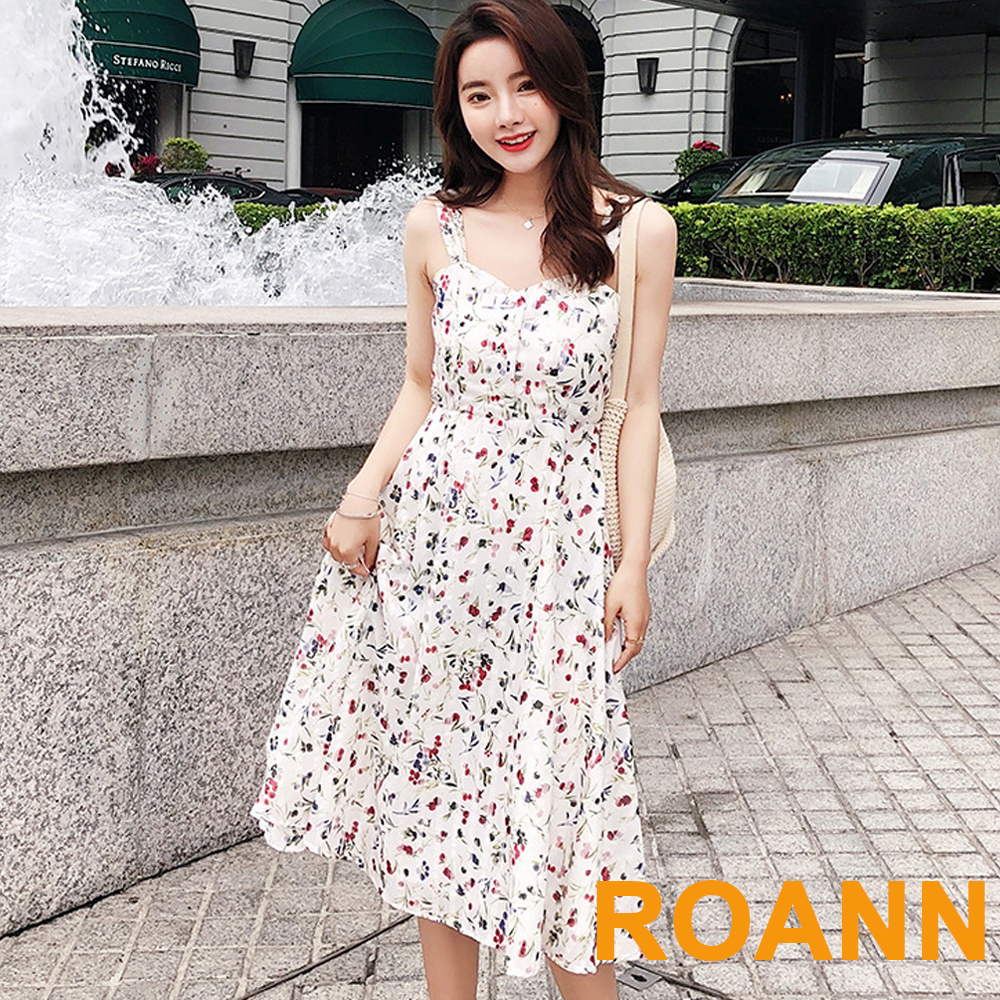 小碎花印花露背綁帶吊帶洋裝 (白色)-ROANN