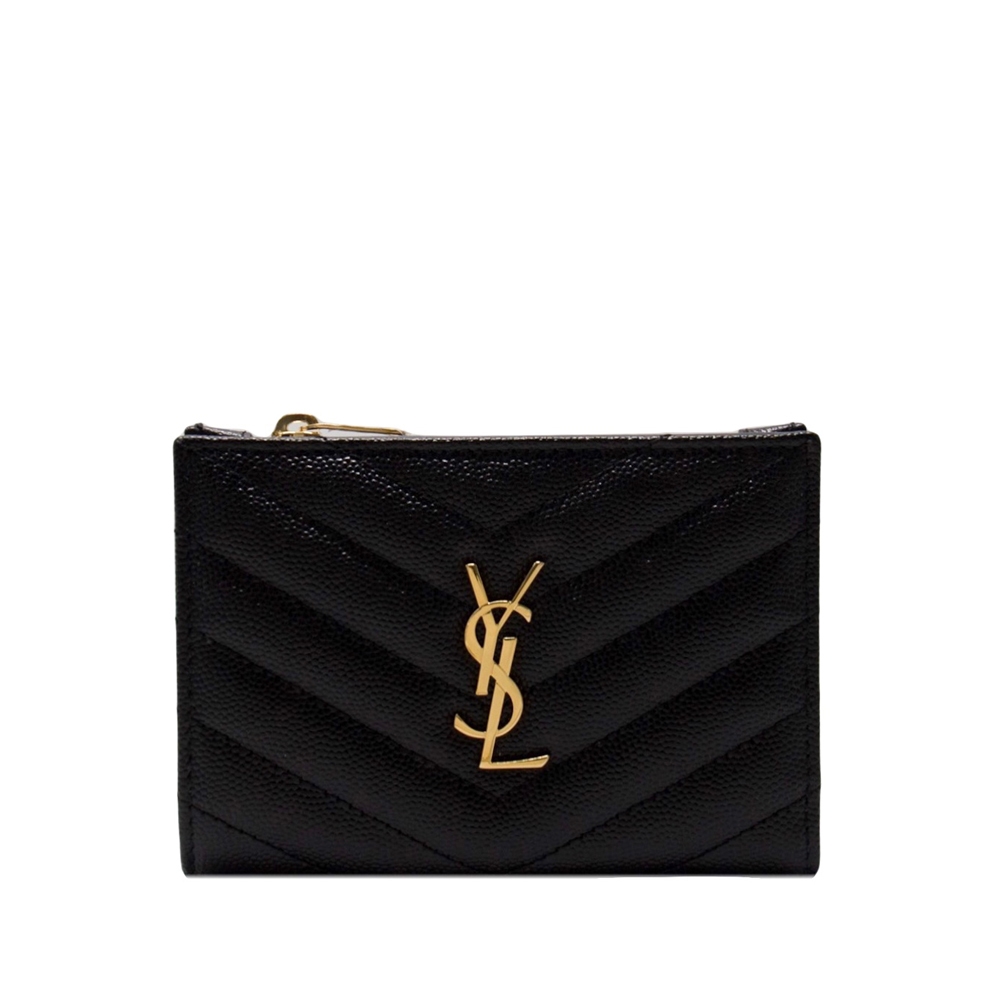 YSL 經典山形紋 釦式薄款短夾 十卡 (黑色 x 金字) Monogram Saint Laurent