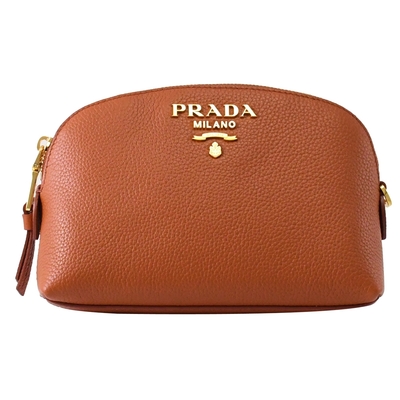 PRADA 金屬LOGO荔枝牛皮貝殼造型拉鍊萬用包/化妝包(陶土棕)