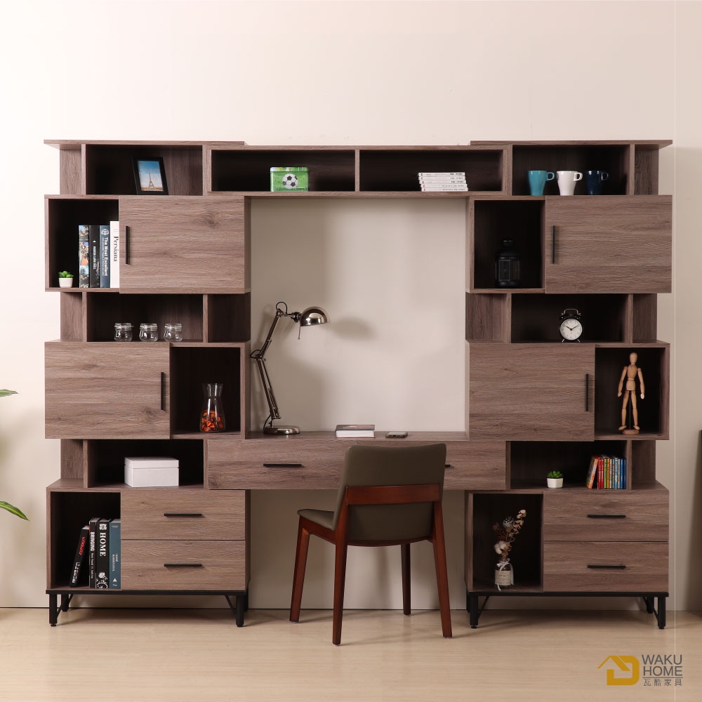 WAKUHOME瓦酷家具 BROOK淺胡桃木可調整書櫃書桌組 寬250×深41.5×高196cm