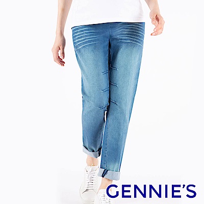 Gennies專櫃-貓抓刷色一體成型牛仔直筒褲-藍(T4F66)