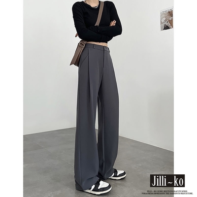 JILLI-KO 通季鬆緊腰鈕扣造型拼接寬版休閒長褲- 黑/灰